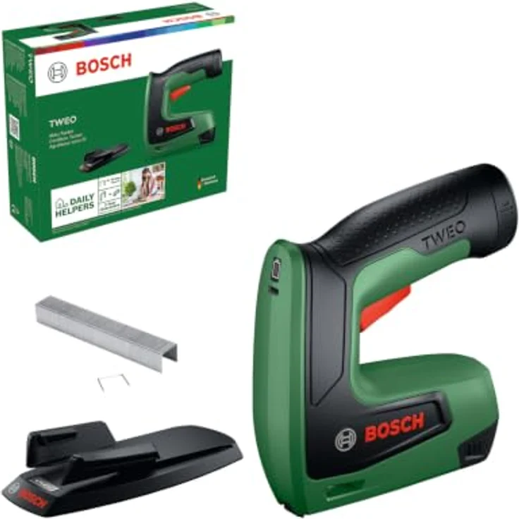 Bosch Home and Garden TWEO 06039G7000 Akkutacker, kabellos, 4V Akku mit USB-Ladefunktion, mit Papierhefter-Aufsatz für bis zu 60 Blätter – Bild 1