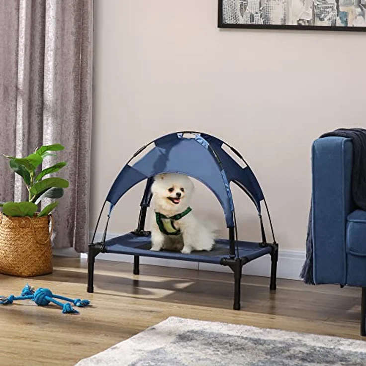 PawHut Erhöhtes Hundebett mit Baldachin, Haustierbett mit UV-Schutz, Hundeliege Outdoor mit Dach, Atmungsaktiv, Taftstoff für Camping Dunkelblau 61 x 46 x 62 cm – Bild 2