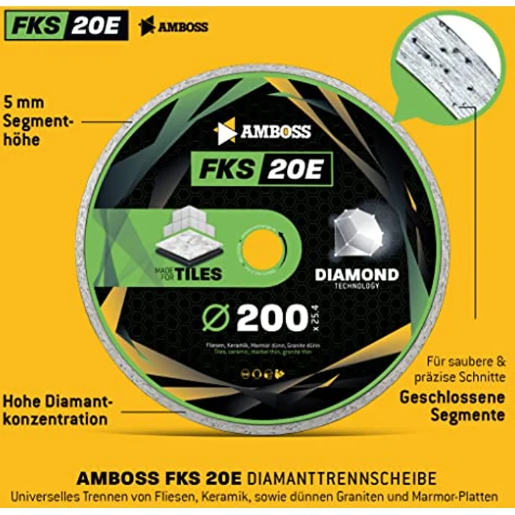 Amboss Diamant Trennscheibe Ø 200 mm x 25.4 FKS 20E - Trennen von Fliesen/Keramik/Granit/Marmor - Diamantscheibe/Diamanttrennscheibe Winkelschleifer – Bild 3