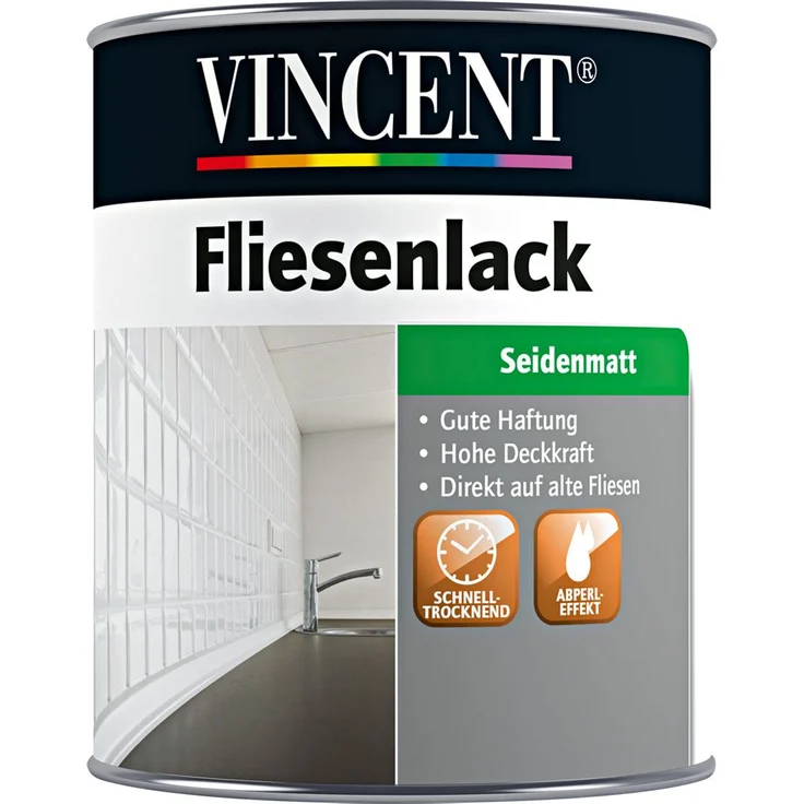 Vincent Fliesenlack Weiß Seidenmatt 750 ml – Für Wandfliesen in Bad & Küche, stoßfest, hohe Deckkraft