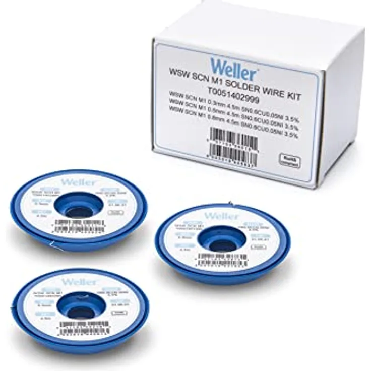 Weller WSW SCN M1 (T0051402999) Bleifreier Lötdraht Set, Ø 0,3/0,5/0,8 mm, Sn99.3Cu0.6Ni0.05, Flussmittelgehalt 3,5%, 21 g