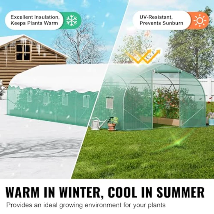 VEVOR begehbares Tunnel-Gewächshaus, 900x300x200cm Treibhaus, Spitzdach-Tomatenhaus mit verzinktem Stahlrahmen, grüner PE-Abdeckung, aufrollbarer Reißverschlusstür und 12 Fenstern – Bild 4