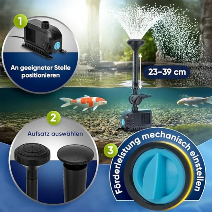TEICHER Teichpumpe FP-3000, Springbrunnenpumpe mit 3000 l/h, 55 W, inkl. Aufsätze & Filter, für Garten- und Miniteiche, flüsterleise, mechanisch einstellbare Fördermenge – Bild 3