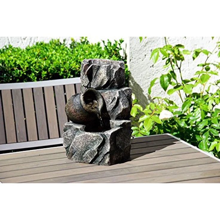 dobar® Design Zimmerbunnen 96400e - Tischbrunnen dreistufig in Steinoptik - Kleiner Springbrunnen - Dekoratives Wasserspiel für Wohnzimmer/Büro/Indoor - Zierbrunnen - 17,2 x 16,2 x 27 cm - Grau – Bild 3
