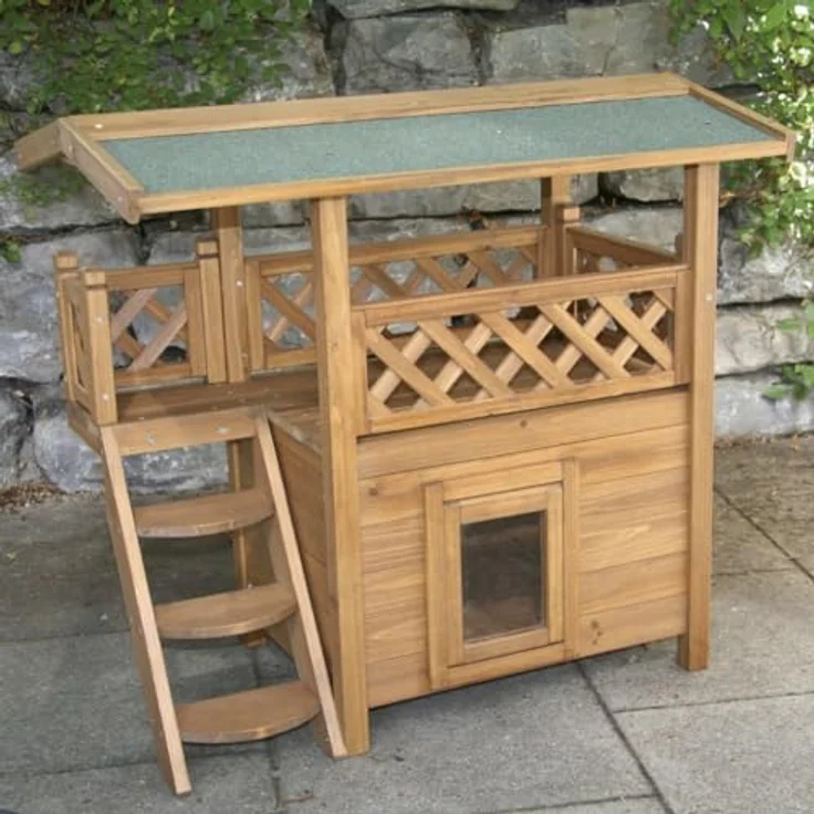 Kerbl Katzenhaus Lodge, 2-stöckig mit wetterfestem Bitumendach und Schwingtüre, 77 cm x 50 cm x 73 cm, lasierte Spießtanne – Bild 2