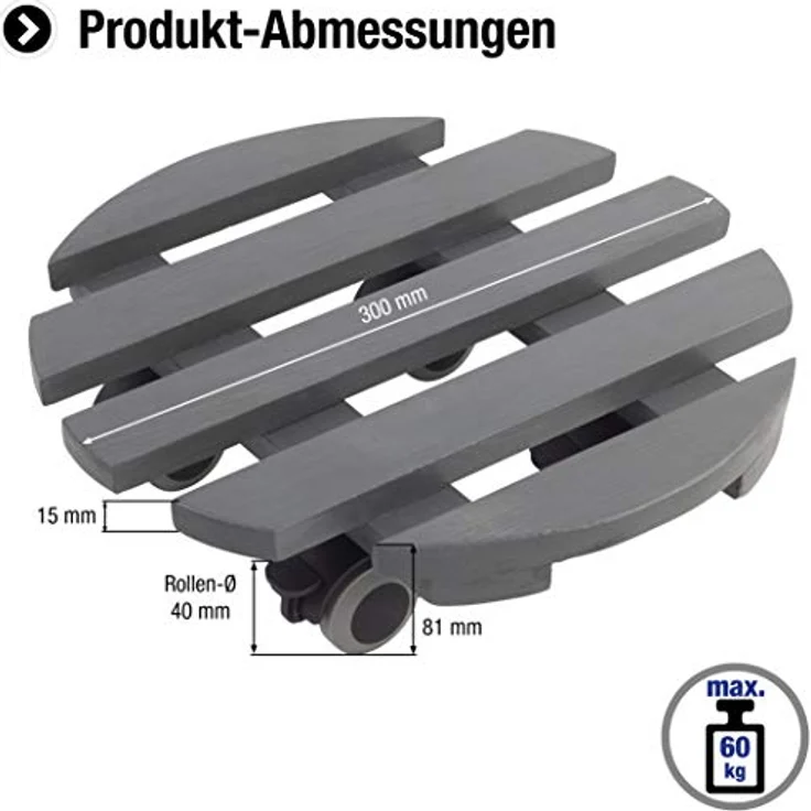 Metafranc Pflanzenroller Ø 300 mm - 60 kg Tragkraft - Kiefer-Platte - Grau - TPE-Rollen mit 2 Feststellern - Indoorroller - Blumenroller - Transporthilfe für Pflanzen - 825200 – Bild 3