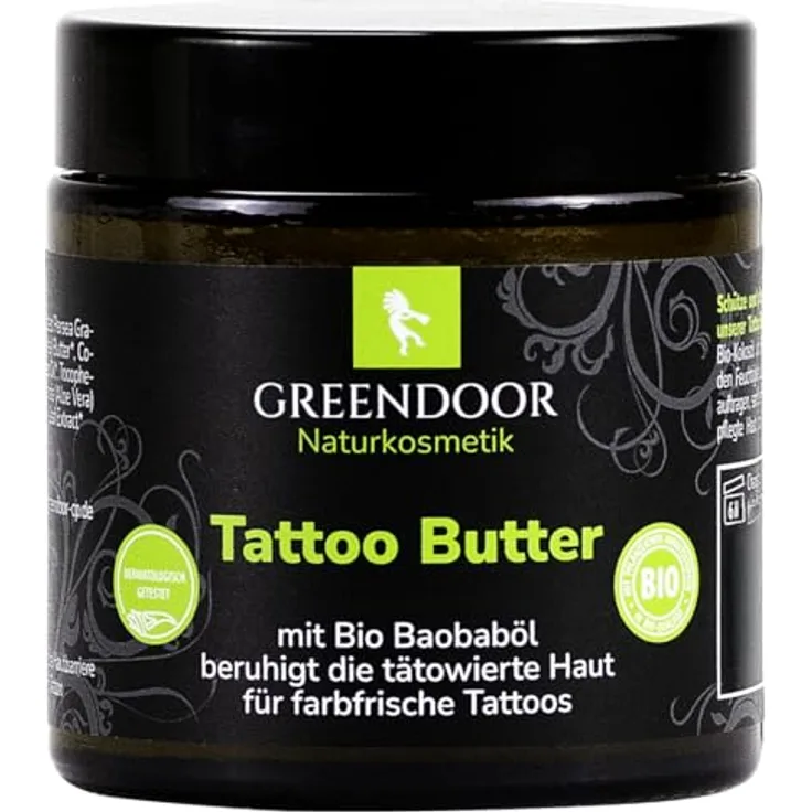 GREENDOOR Tattoo Butter 120ml, vegane Tattoo-Pflege ohne Parfum, dermatologisch getestet, optimale Farbfrische für tätowierte Haut