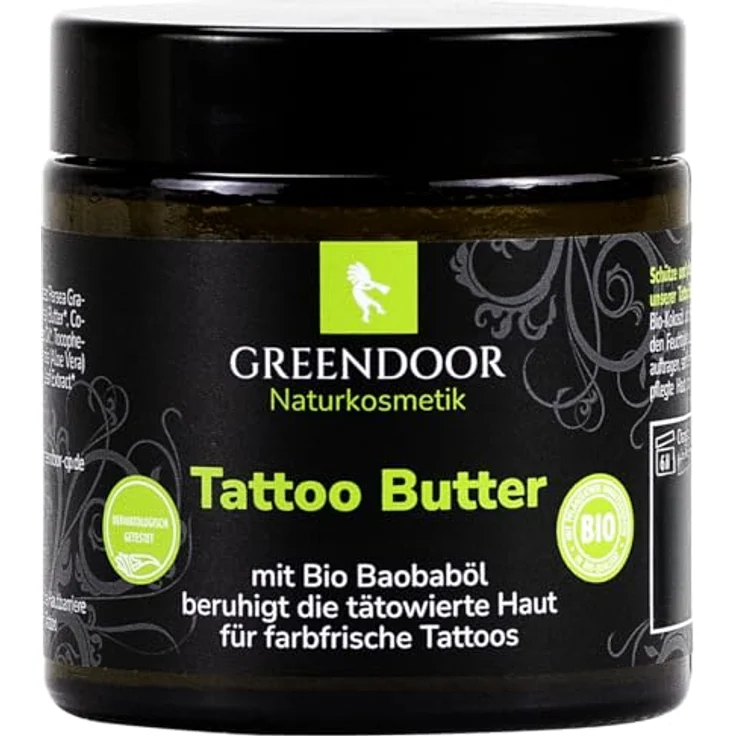 GREENDOOR Tattoo Butter 120ml, vegane Tattoo-Pflege ohne Parfum, dermatologisch getestet, optimale Farbfrische für tätowierte Haut – Bild 1