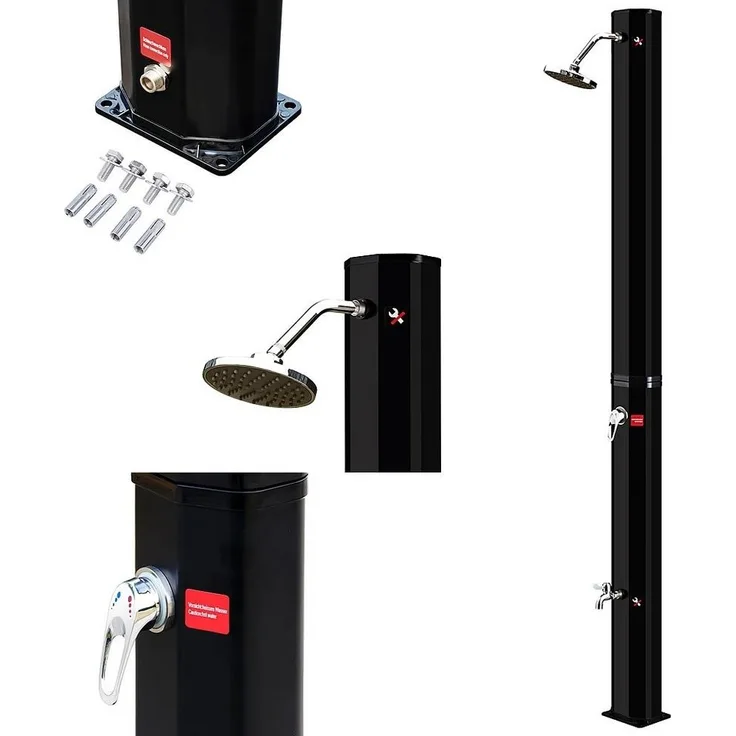Feel2Home Solardusche 35L Schwarz Gartenbrause Fußdusche Camping Outdoor Pool, Inkl. großem Regenduschkopf mit Kugelgelenk