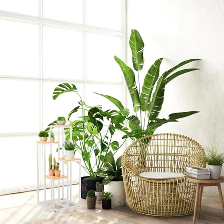 relaxdays Blumenständer Weiße Blumentreppe mit 4 Ablagen, Hellbraun - Stufenförmiges Pflanzenregal aus Stahl und MDF, maximale Traglast 40 kg – Bild 4