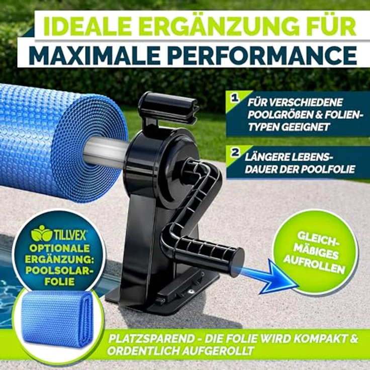 tillvex Pool Aufroller Premium, Ausziehbar von 1,05-6,15 m, inkl. Thermometer & 8 Befestigungsbänder, witterungsbeständig, mobile Aufrollvorrichtung für Solarplane – Bild 6