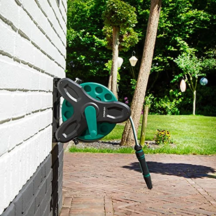 VONRIC Wandschlauchtrommel Komplett-Set, 15 m Gartenschlauch mit Bewässerungspistole und 2 Düsen, kompakt und transportabel – Bild 5