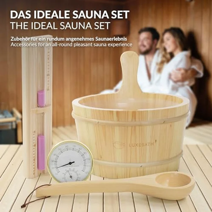 LuxeBath Saunazubehör-Set, 4-teilig aus massivem Kiefernholz, inkl. Aufgusskübel 4,5L mit Kunststoffeinsatz, Thermometer-Hygrometer & 15 Min. Sanduhr, langlebiges Sauna Zubehör – Bild 5