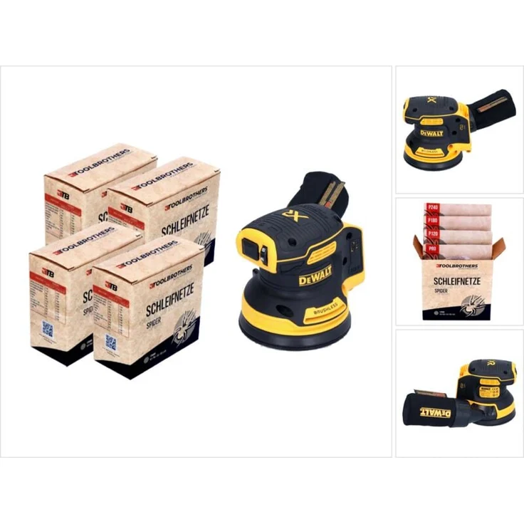 DeWalt DCW 210 N, Akku Exzenterschleifer 18 V 125 mm Brushless Solo mit 4x Toolbrothers SPIDER Netzschleifmittel Set