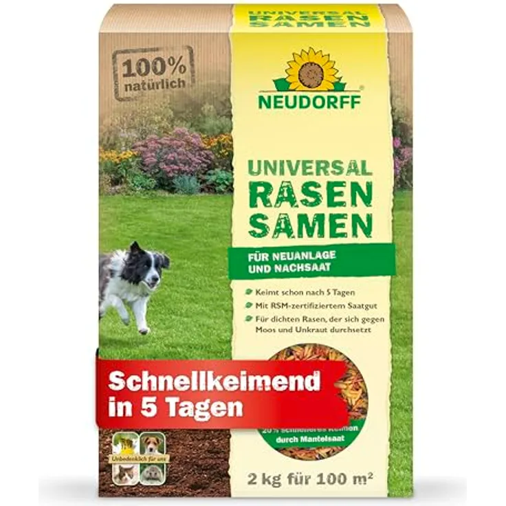 Neudorff UniversalRasenSamen, Hochwertige Rasensamen-Mischung für Neuanlage und Nachsaat, schnellkeimend in 5 Tagen, 2 kg, Braun
