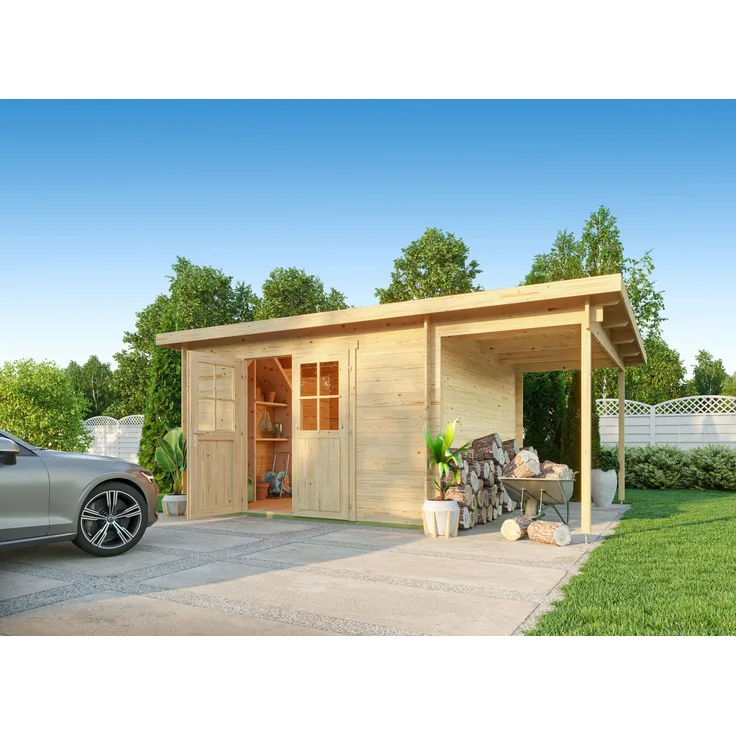 Fjordholz Gartenhaus Ezra 5G, Pultdach mit 28mm starken Wandbohlen, Doppeltür und gratis Imprägnierung