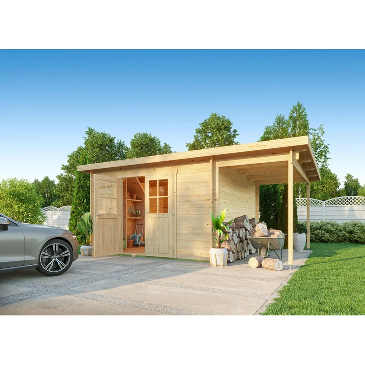 Fjordholz Gartenhaus Ezra 5G, Pultdach mit 28mm starken Wandbohlen, Doppeltür und gratis Imprägnierung