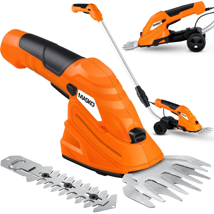 MASKO Grasschere Strauchschere Set mit Akku 7,2V 2000mA-h + Ladegerät - elektrische Garten Heckenschere Rasenschere Inkl. Grasmesser + Strauchmesser inkl. Teleskopstange 90-130 cm mit Rädern Orange - Preisvergleich