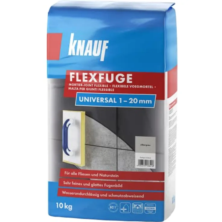 KNAUF Fugenmörtel Flexfuge Universal silbergrau, 10 kg für Fugenbreite 1 - 20 mm, schnellhärtend und für Innen- und Außenbereich geeignet