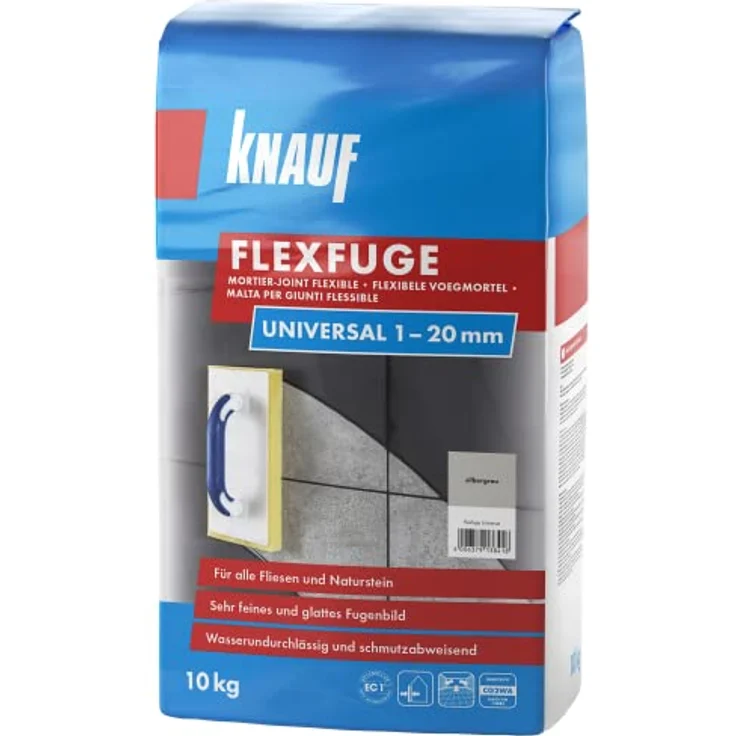 KNAUF Fugenmörtel Flexfuge Universal silbergrau, 10 kg für Fugenbreite 1 - 20 mm, schnellhärtend und für Innen- und Außenbereich geeignet – Bild 1