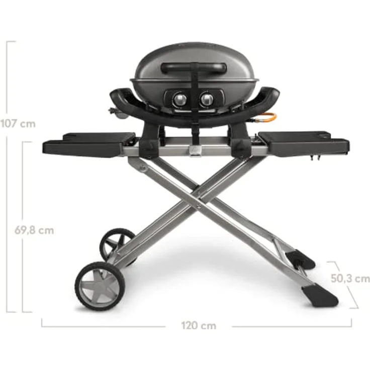 BURNHARD Tragbarer 2-Brenner Gasgrill WAYNE inkl. Rollwagen, 3,5 kW bis zu 300°C Kompaktgrill mit Aludruckguss Brennkammer inkl. Abdeckhaube, Gusseisen Grillrost, 2 Edelstahlbrenner mit Piezozündung – Bild 2