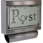 HELO 'M1' Edelstahl Briefkasten mit Zeitungsfach, großem Einwurf und Glasfront aus satiniertem Sicherheitsglas, Postkasten abschließbar inkl. 2 Schlüsseln - Motiv: Posthorn