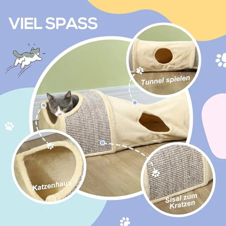 PawHut Katzentunnel Spieltunnel mit 2 Häuschen, 3 Öffnungen, Faltbar Tiertunnel für Katzen bis 6 kg, Indoor, Beige - Komfortabler Tierspielzeugtunnel für vielseitigen Spielspaß – Bild 4