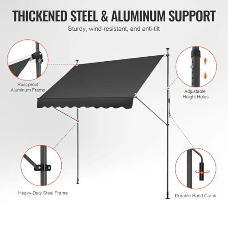 VEVOR Klemmmarkise 250 x 120 cm, Balkonmarkise mit Handkurbel, Sonnenmarkise, Terrassenüberdachung Sunsetter Deck, Schwarz, Höhenverstellbar von 218 bis 309 cm – Bild 2