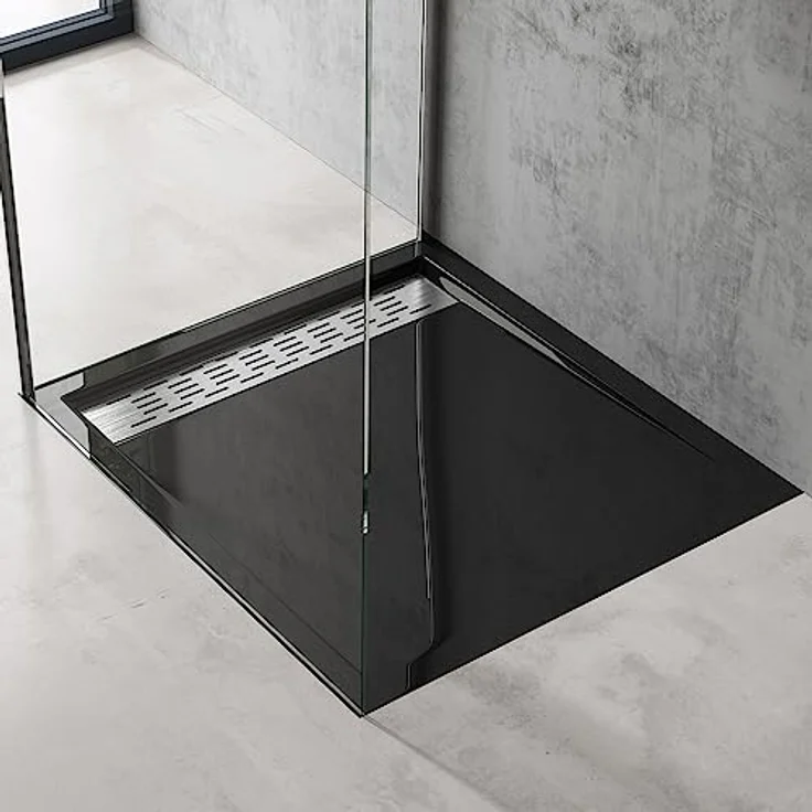 doporro Duschtasse Duschwanne Xetro04W, 80x90x5cm, flach aus schwarzem Acryl, rechteckig, DIN-Anschlüsse für bodenebene Montage, abnehmbare Abdeckung – Bild 1