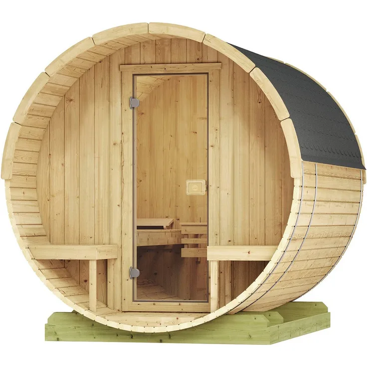 Weka Fasssauna 198, Gartensauna mit runder Form für optimale Luft- und Wärmezirkulation, inkl. 2 Liegen und praktischen Bänken, naturfarben