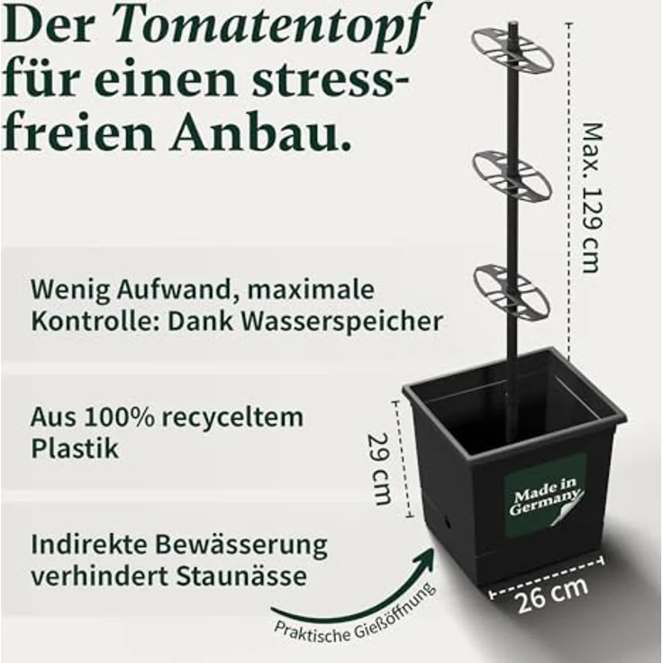 VERDOBA Tomatentopf mit Rankhilfe, 3,5L Wasserspeicher für Selbstbewässerung, schwarzer Tomatenturm aus recyceltem Material, ideal für Tomatenanzucht – Bild 3