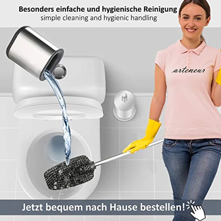 3in1 Toilettenbürste aus Silikon mit WC Bürsten Halter und Wandhalterung, Langer Stiel aus Edelstahl & Hygienisch mit Lamellen und Schaber – Toilettenbürstengarnitur für Badezimmer & Gäste-WC – Bild 5