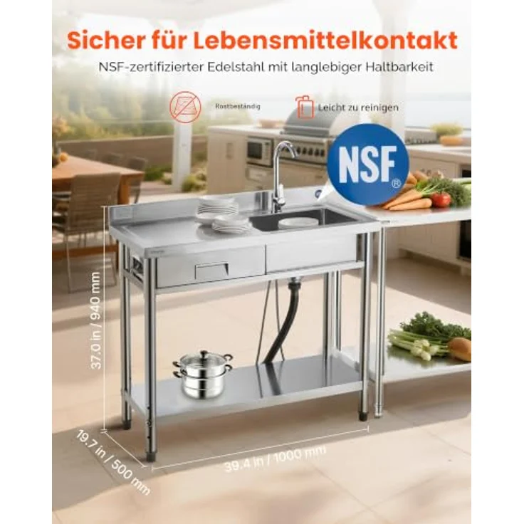 VEVOR Edelstahl Spültisch mit Einzelbecken, Wasserhahn & Schublade, 100 x 50 x 94 cm, für Garage, Restaurant und Wäscherei, Arbeitsplatte links – Bild 2