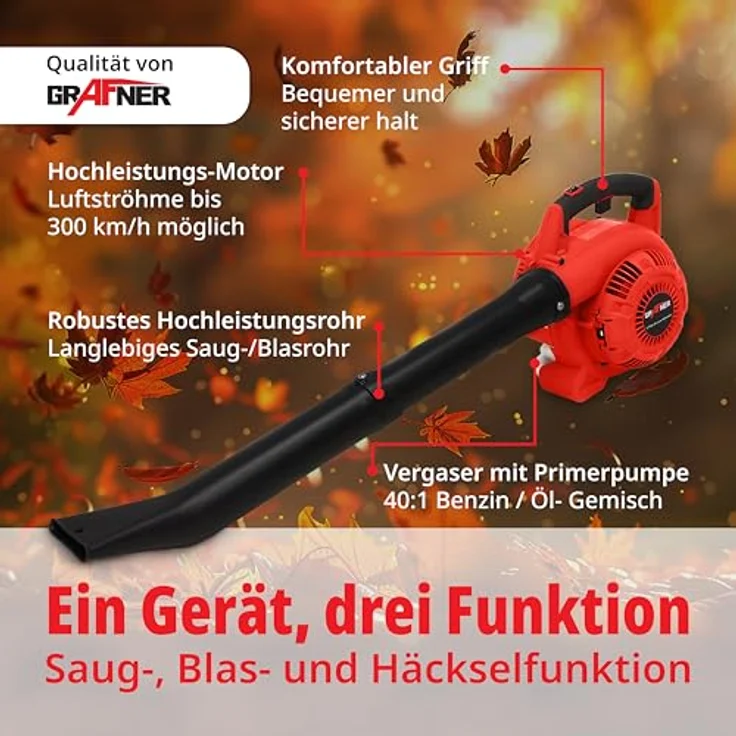 Grafner Benzin-Laubsauger 3 in 1 mit Häcksler 35L Fangsack, 250 km/h Blasgeschwindigkeit – Bild 2
