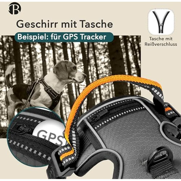 bluzelle Hundegeschirr für kleine Hunde, Reflektierendes Brustgeschirr mit GPS Tracker Tasche, Anti-Zug Hundeweste, Atmungsaktiv, Grau – Bild 3