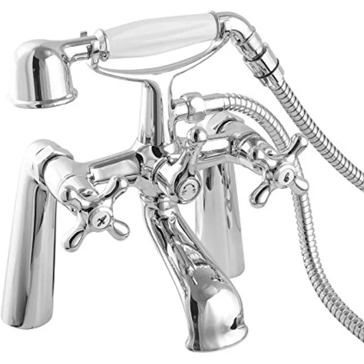 PaulGurkes Nostalgie Retro Wannenrandarmatur mit Handbrause, verchromt, aus massivem Messing mit 2-Wege Umsteller und Edelstahl-Brauseschlauch 150 cm