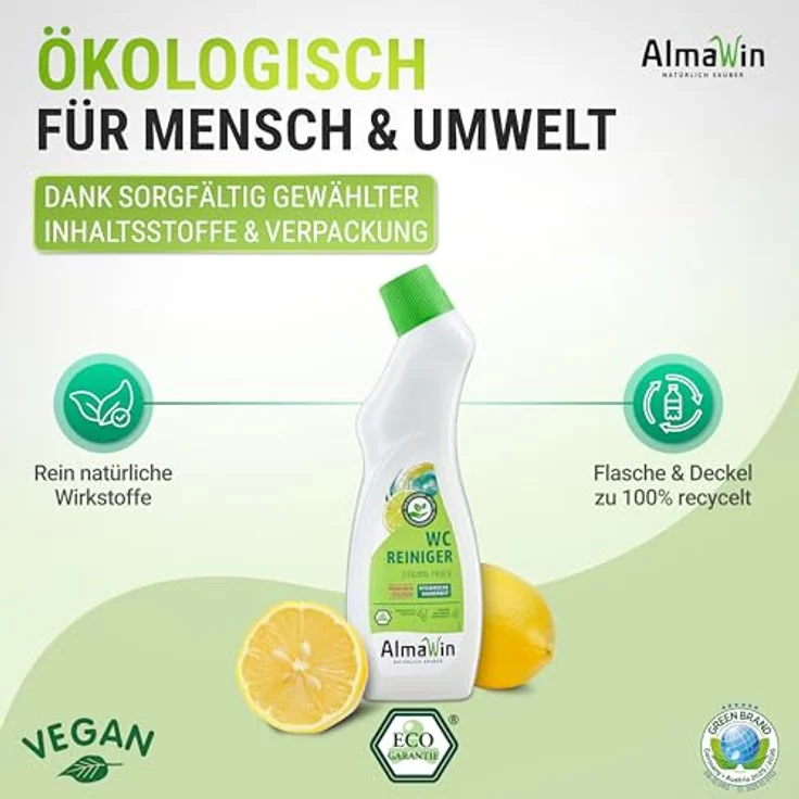 AlmaWin WC Reiniger zitronig, 750 ml, kraftvoll gegen Kalk und Urinstein, umweltfreundlich und hautverträglich, frischer Zitronenduft – Bild 4
