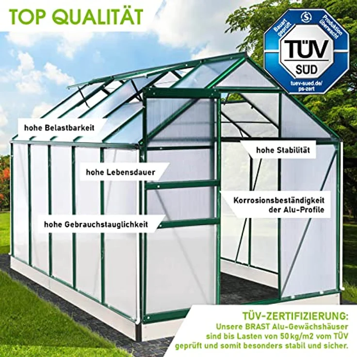 BRAST Gewächshaus Aluminium mit Fundament, 310x190x195cm, grün, TÜV geprüft, 6mm Hohlkammerplatten, rostfrei, wetterfest, temperaturbeständig – Bild 3