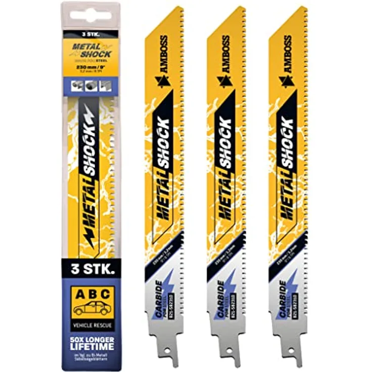 AMBOSS METAL SHOCK - 3x Säbelsägeblatt Länge 230 mm / 8 ZpZ - ideal für Abriss / Fahrzeugrettung / Aufbau / Demontage / Rohrleitungsbau - geeignet für Stahl (Rohre / Profile / Träger) sowie Gussrohre
