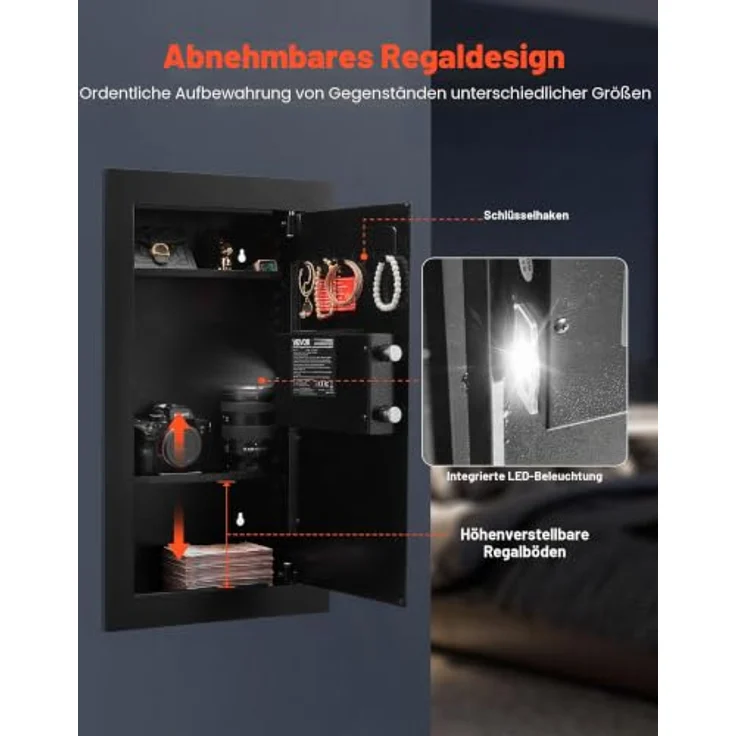 VEVOR Wandsafe, Einbaugehäuse aus kaltgewalztem Stahl Q235 mit Passwort & Schlüssel, verstellbaren Ablagen und LED-Beleuchtung, sicherer Schranksafe für Geld, Schmuck und Reisepass – Bild 5