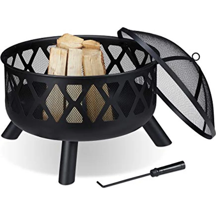 Relaxdays Feuerschale mit Funkenschutz, Ø 62 cm, mit Schürhaken, Garten, Terrasse, Outdoor Feuerstelle, Stahl, schwarz – Bild 1