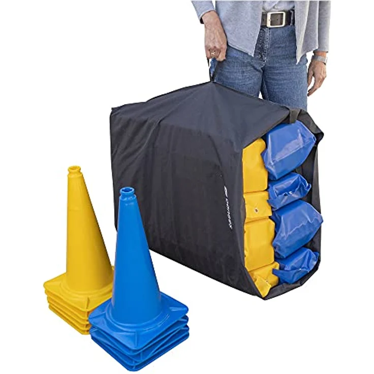 Dönges Pferdegasse Set mit 10 XXL Pylonen Blau Gelb + 4 gefüllte Balken inkl. Tragetasche - Richtläufer und Leitkegel Übungsstange Trabstange Pferdeausbildung Bodenarbeit Softstange – Bild 2
