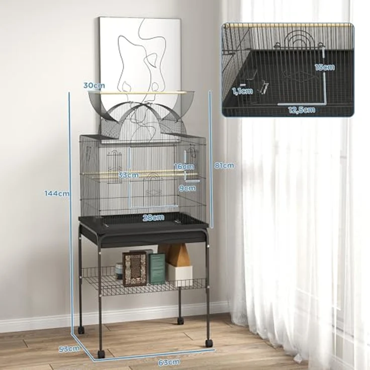 PawHut Vogelkäfig Wellensittichkäfig mit Tablett, Futterstation und Ablagefläche, Stahl Schwarz, 63 x 53 x 144 cm – Bild 7