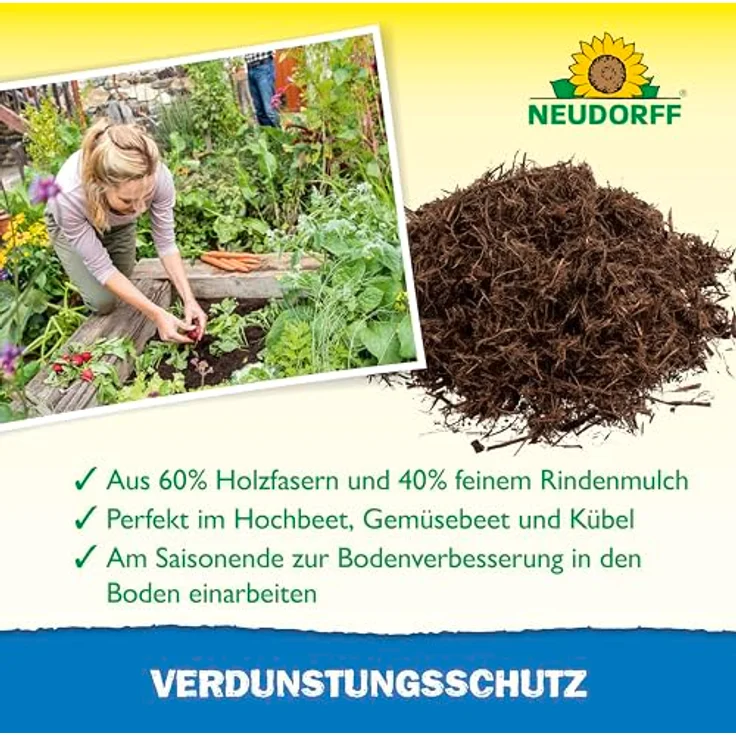 Neudorff Rindenmulch Verdunstungsschutz 65 L, natürliche Bodenabdeckung zur Reduzierung der Verdunstung um 35 % für Hochbeete, Pflanzgefäße und Beete – Bild 4