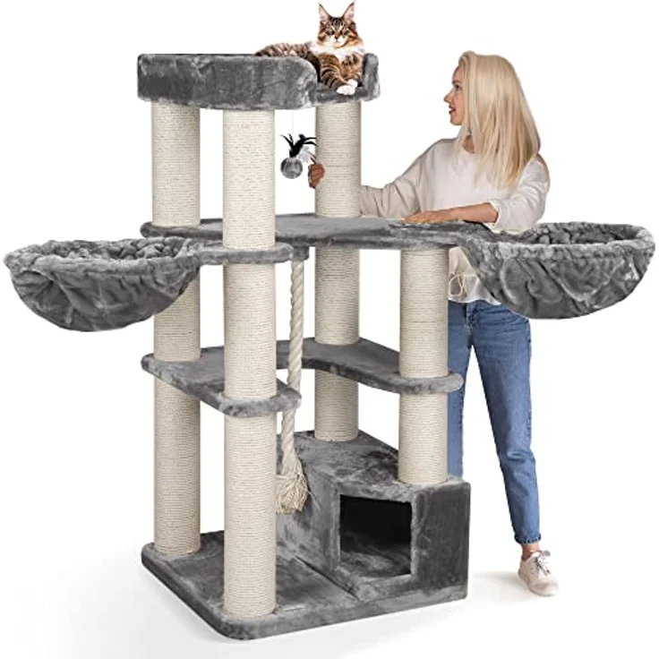 HAPPYPET Kratzbaum für große Katzen 'Oscar' - Premium Katzenbaum stabil 47 kg, 12 cm Dicke Stämme für schwere Katzen Maine Coon, 600g Plüsch, 2 Liegemulden und Höhle, E1 geprüftes Holz – Bild 1
