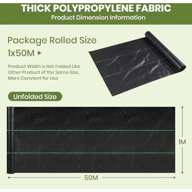Velway Unkrautvlies Garten Extra Stark 1x50M, Wasserdurchlässiges, reißfestes Bodengewebe für Garten, Hochbeet, Einfahrt – Anti-Unkrautpflanzfolie, schwarz – Bild 2