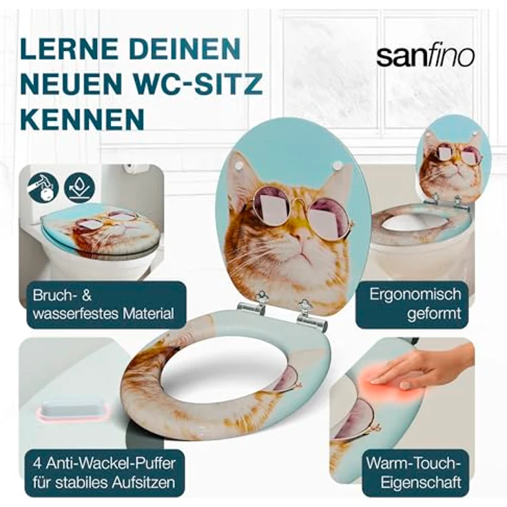 Sanfino Cool Cat WC Sitz aus Holz, hellblau mit Absenkautomatik und verchromten Metallscharniere – Bild 5