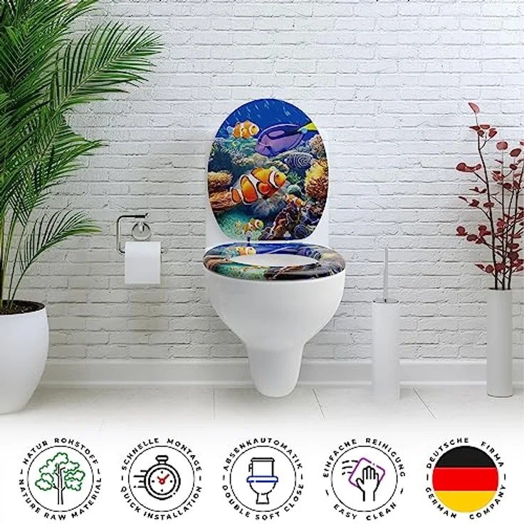 Sanfino WC Sitz Nemo, Toilettendeckel mit Absenkautomatik aus Holz, blaues Korallenriff Design – Bild 5