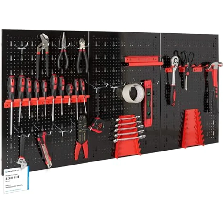 Arebos Werkzeugwand 3-teilige Lochwand Werkstatt, 17-teiliges Hakenset & Halterungen, stabile Metallkonstruktion 117,6 x 59,5 x 2 cm, rot – Bild 1