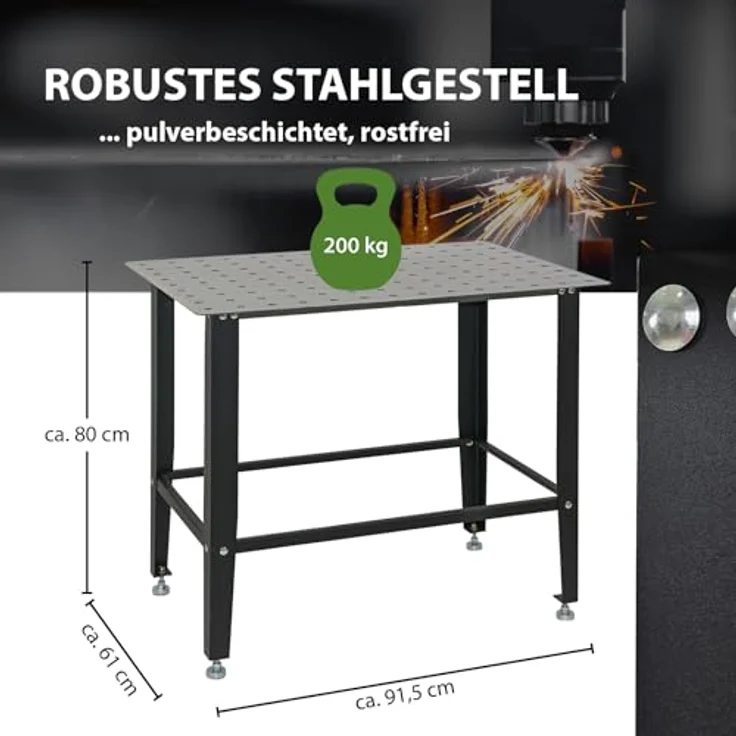TRUTZHOLM Schweißtisch 91,5 x 61 x 80 cm, pulverbeschichtet, rostfrei, mit 3 mm galvanisch verzinkter Lochplatte und D16 Lochsystem, Tragkraft 200 kg, höhenverstellbare Füße, mattschwarz – Bild 2